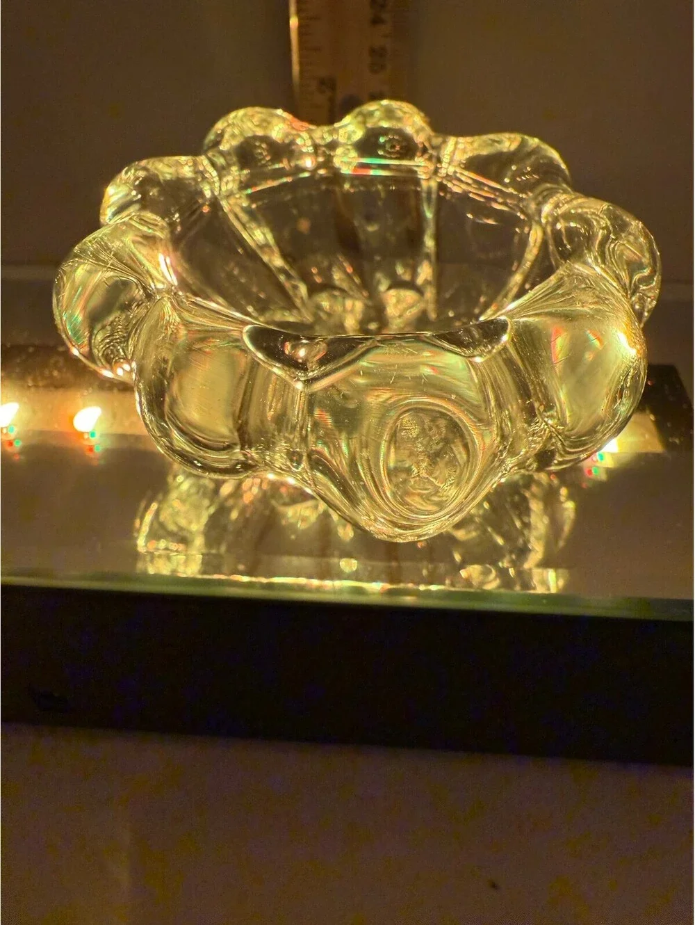 Daum France Signed Crystal Votive Candle Holder Clear Art Glass Floral Heavy